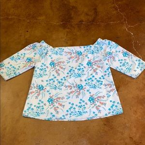 Off the shoulder White and Sky Blue foral shirt